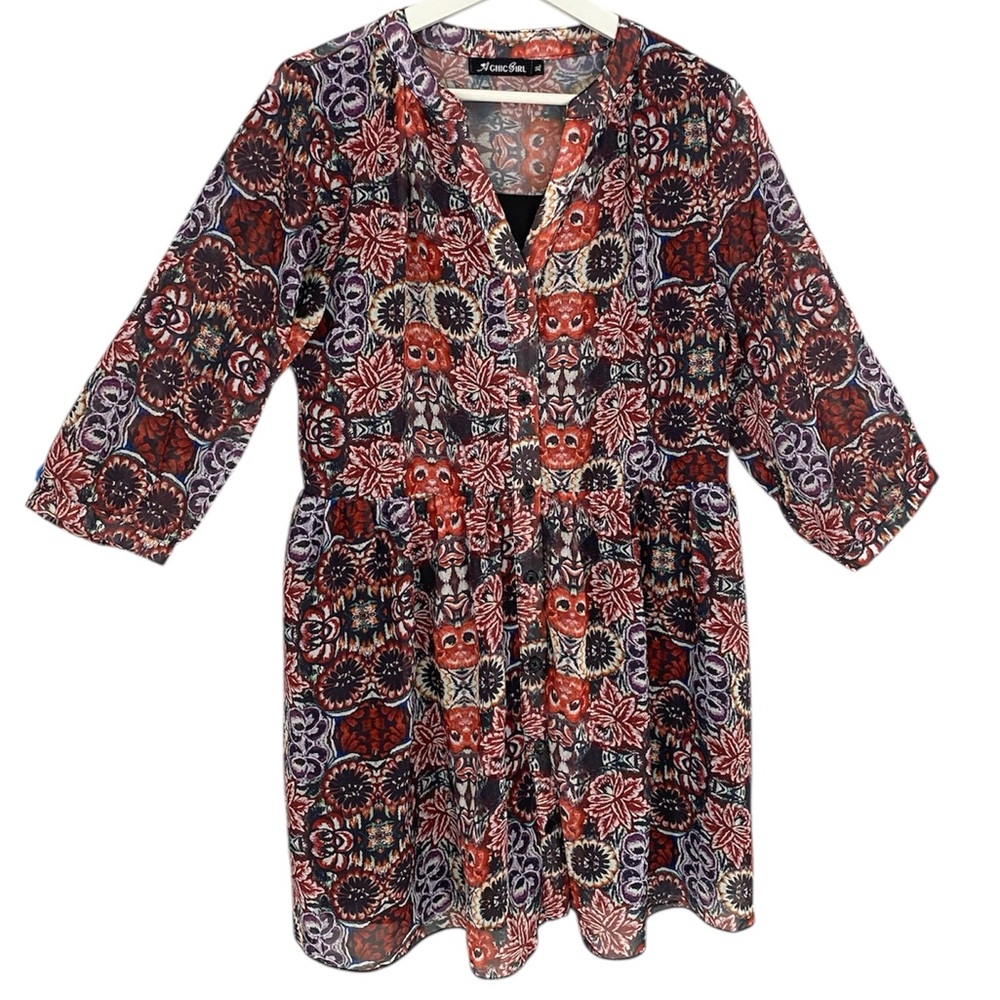 CHIC GIRL Dress Button Down V-Neck Sheer Lined Rust Purple Black Floral Women XL